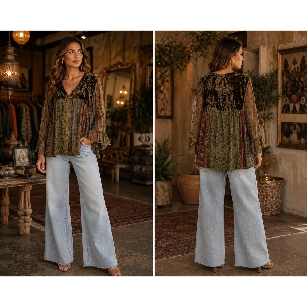 NWT Young Threads Boho Chic Green Velvet Floral Patchwork Embroidered Top Large